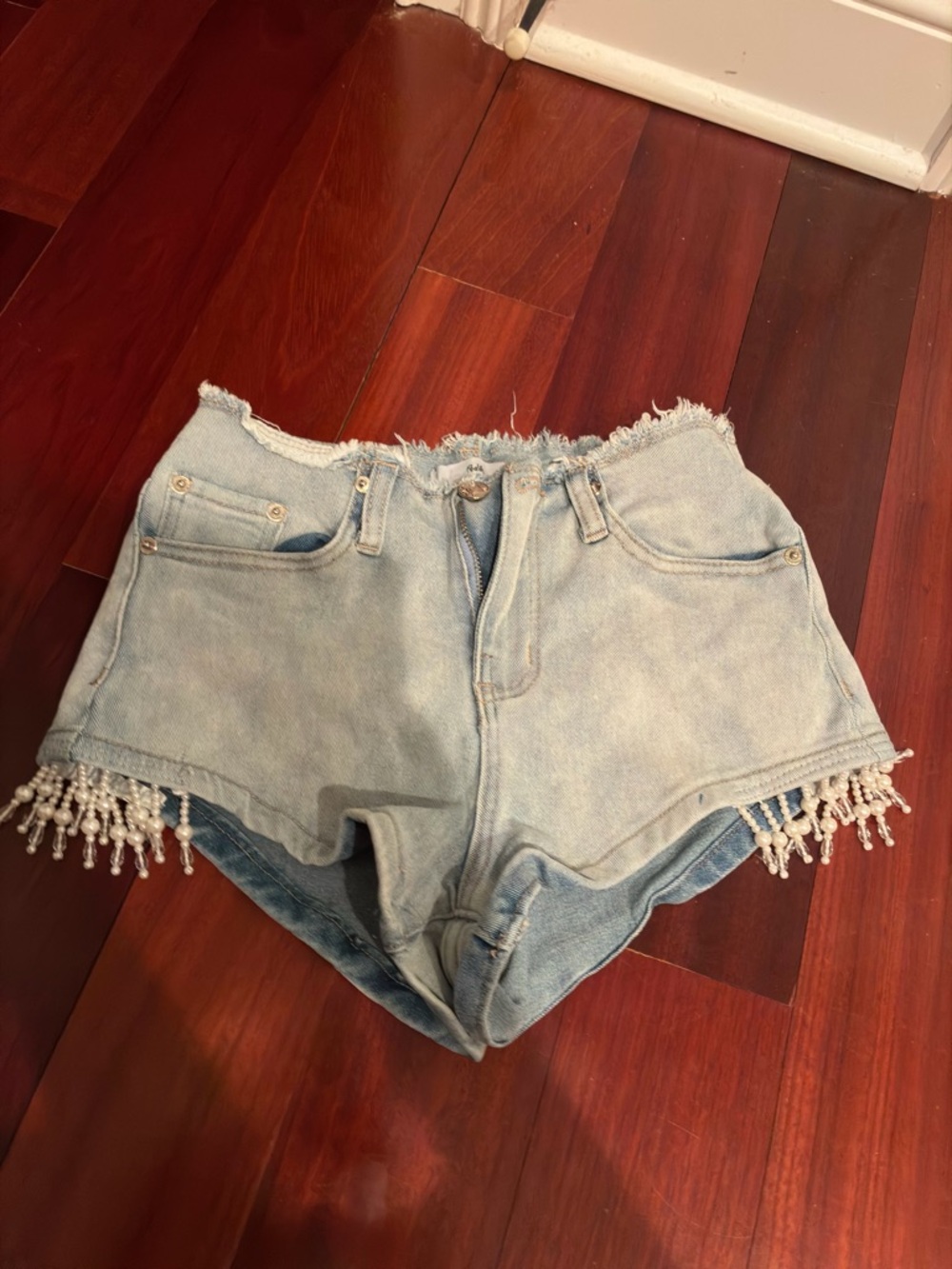 Light Wash Denim Women's Shorts with Pearl Fringe